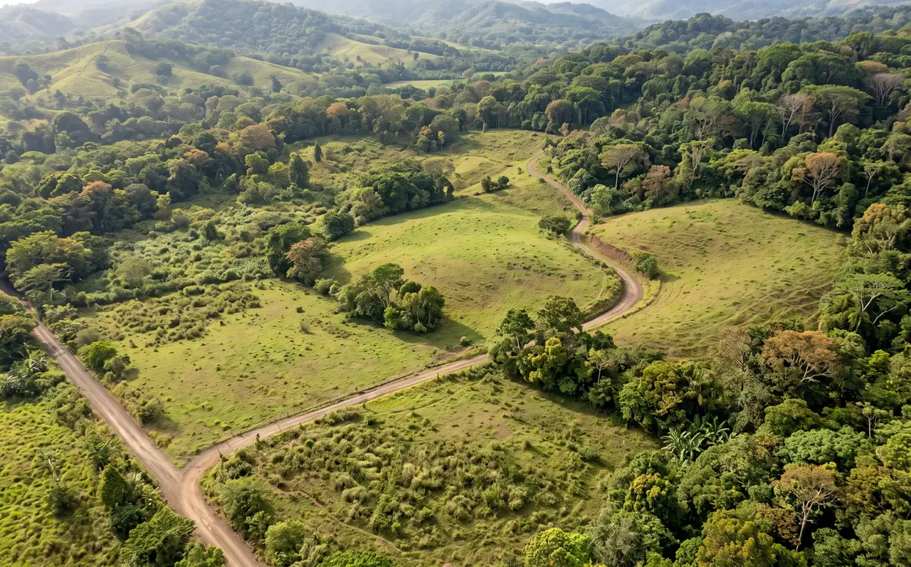 Vista aérea de un valle ficticio: un camino de tierra con un ramal que sube entre tres claros de pasto rodeados de bosque, con cerros al fondo. Imagen generada: no es un lugar real ni un proyecto de cliente.