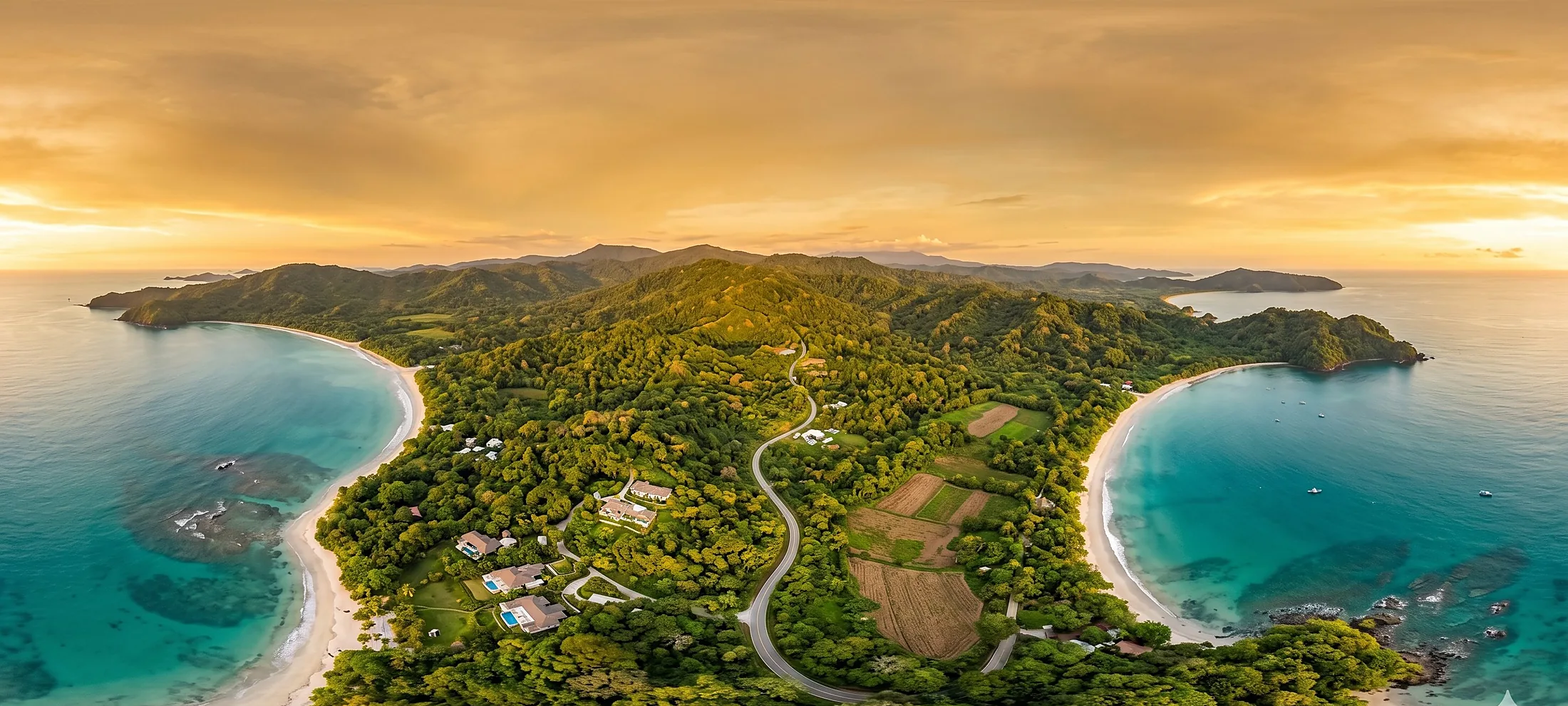 Vista aérea panorámica de un sitio costero en Panamá: colinas selváticas, una carretera sinuosa, villas frente al mar y dos playas de arena con mar turquesa.