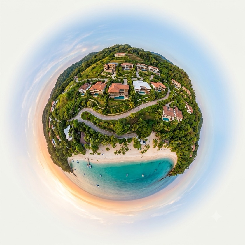 Vista 360 esférica de un desarrollo residencial costero capturado por Vértigo