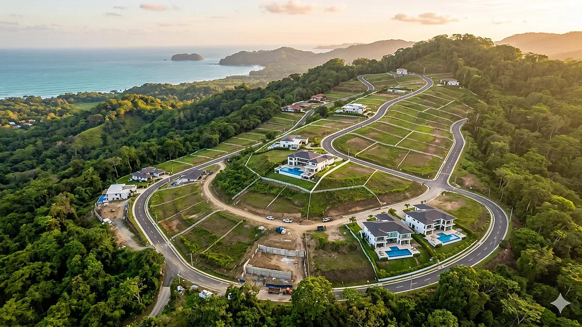 Recorrido 360° de un loteo residencial en la costa de Panamá: lotes, calles y villas.
