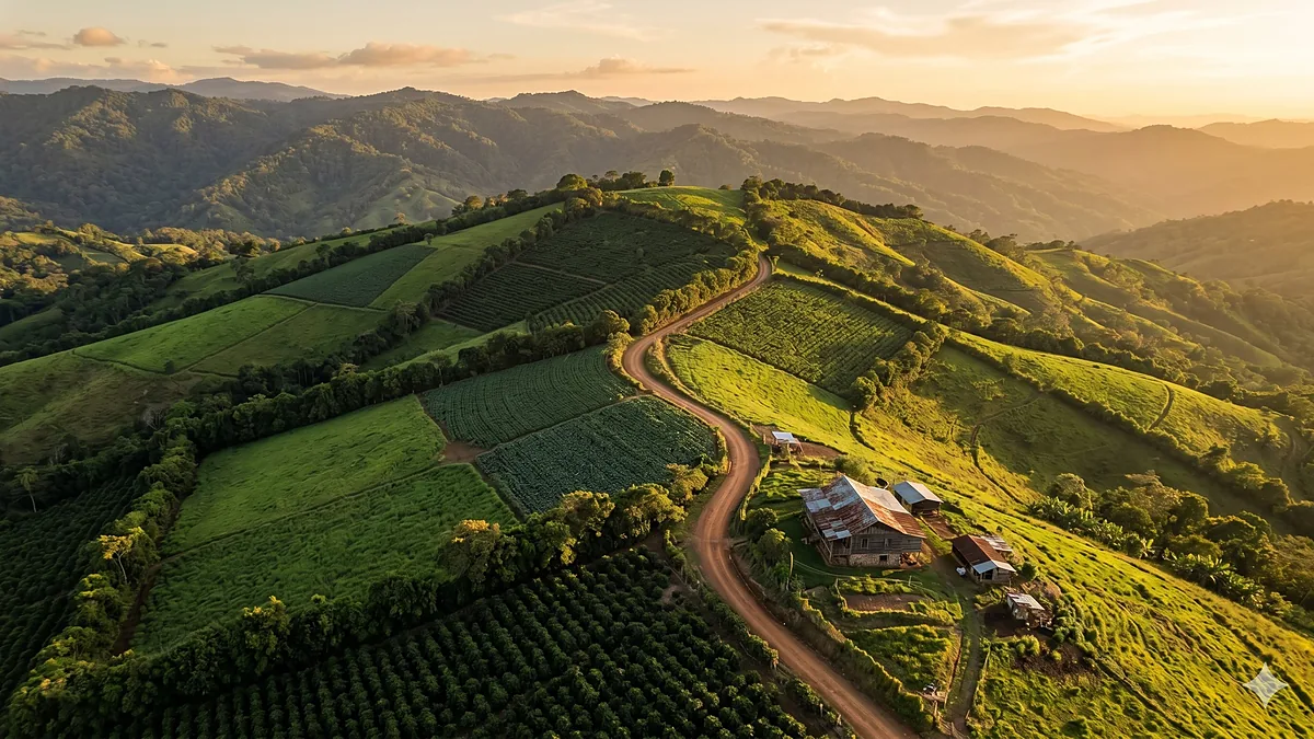 Captura con dron de una finca de montaña en Panamá: parcelas de cultivo, camino y relieve.