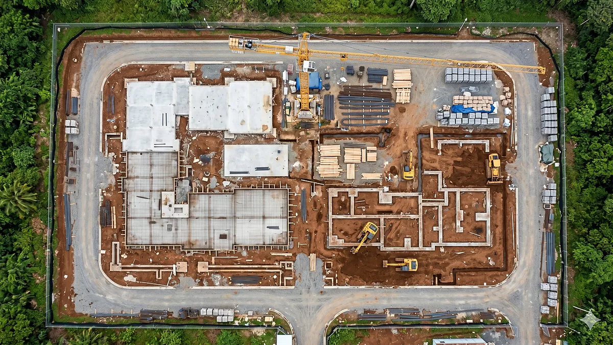 Fotogrametría de una obra en construcción en Panamá, vista cenital con medición sobre la imagen.